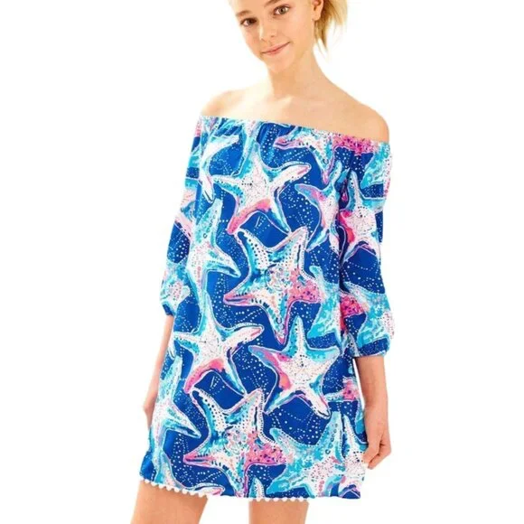 NWOT Lilly Pulitzer Girls Off Shoulder Dress XL 12-14 Starfish Blue Pink - Picture 1 of 4